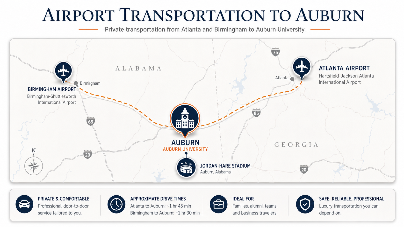 Airport transportation to Auburn map showing routes from Atlanta Airport and Birmingham Airport to Auburn University and Jordan-Hare Stadium