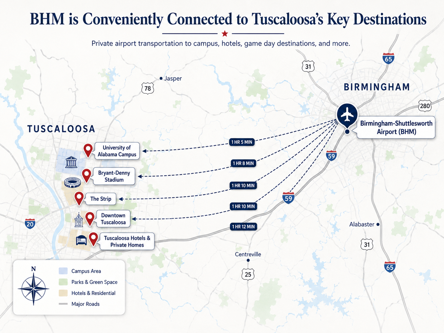 Birmingham Airport to Tuscaloosa transportation map showing University of Alabama campus, Bryant-Denny Stadium, downtown Tuscaloosa, hotels, and private homes